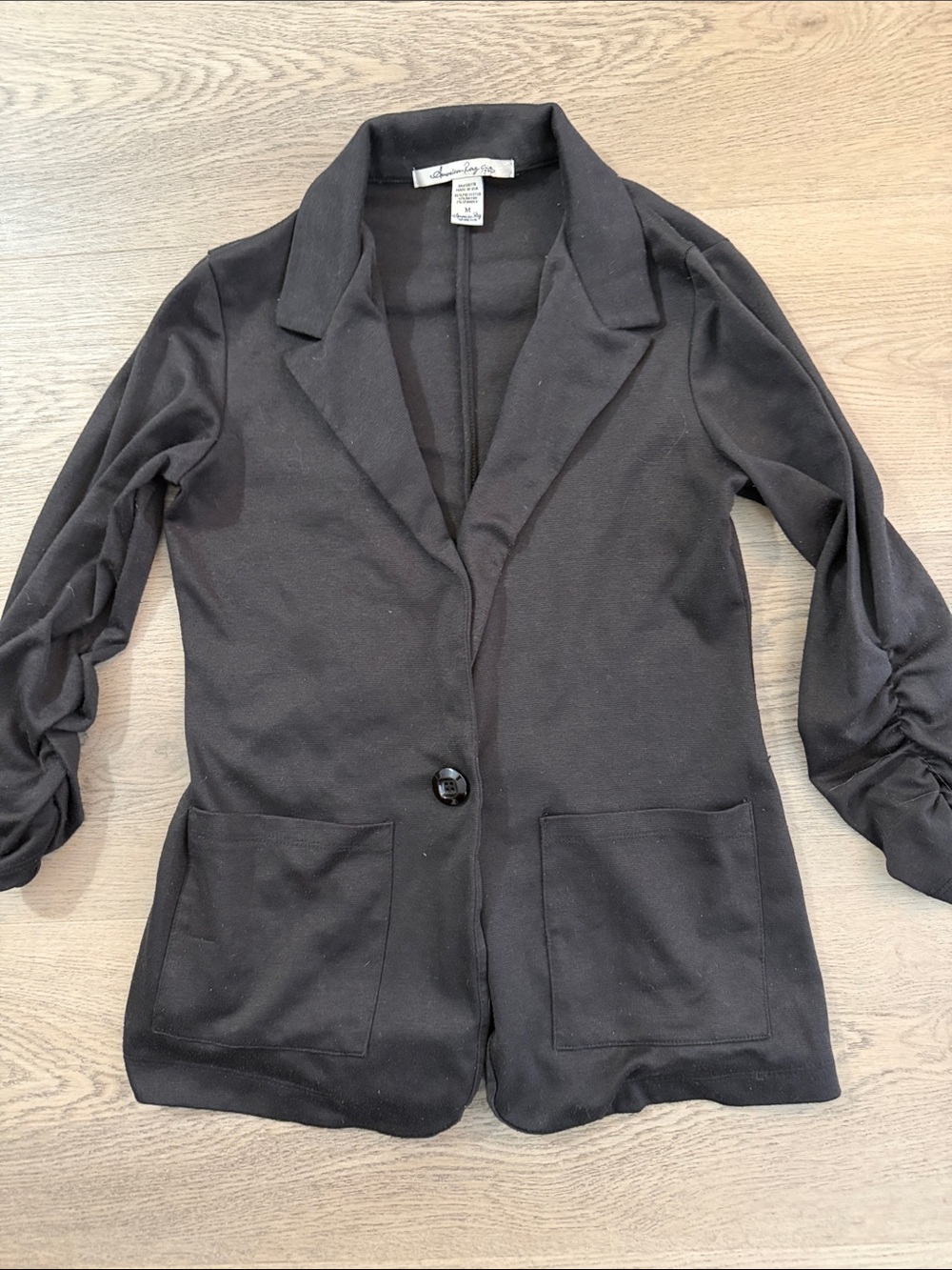 American Rag Black Single-Button Blazer with Ruched Sleeves